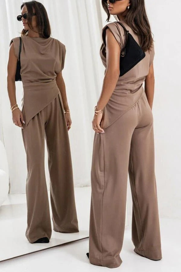 Women's Draped Two-Piece Set – Wide-Leg Pants & Asymmetric Top