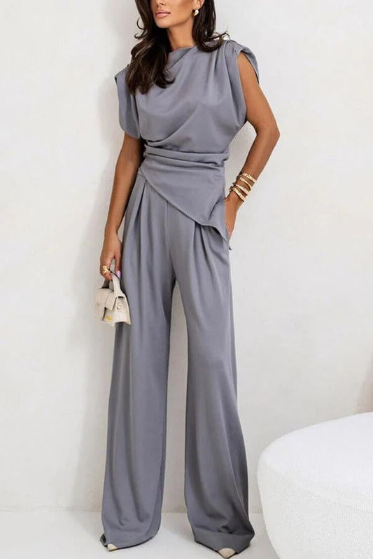 Women's Draped Two-Piece Set – Wide-Leg Pants & Asymmetric Top