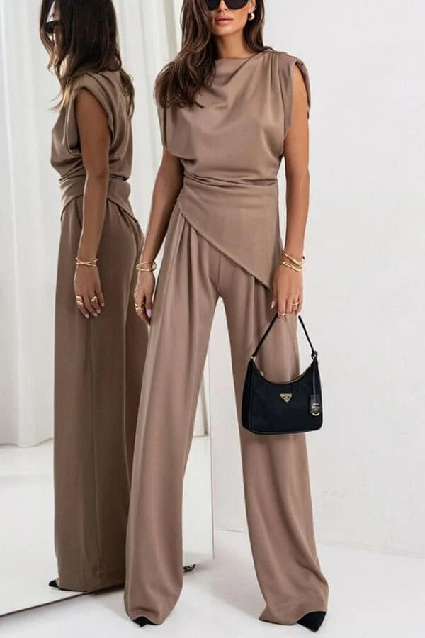 Women's Draped Two-Piece Set – Wide-Leg Pants & Asymmetric Top