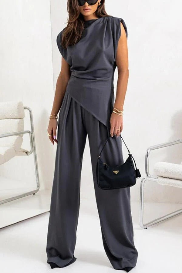 Women's Draped Two-Piece Set – Wide-Leg Pants & Asymmetric Top