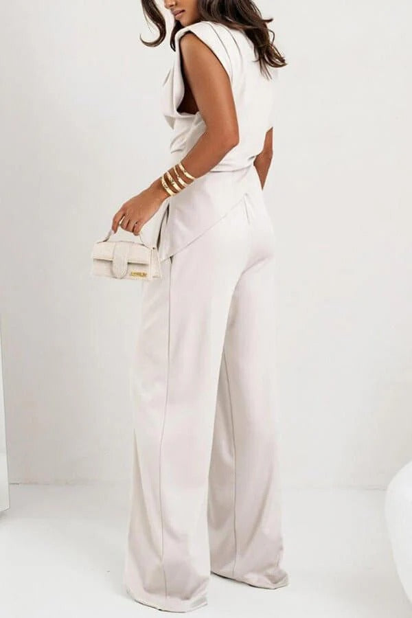 Women's Draped Two-Piece Set – Wide-Leg Pants & Asymmetric Top