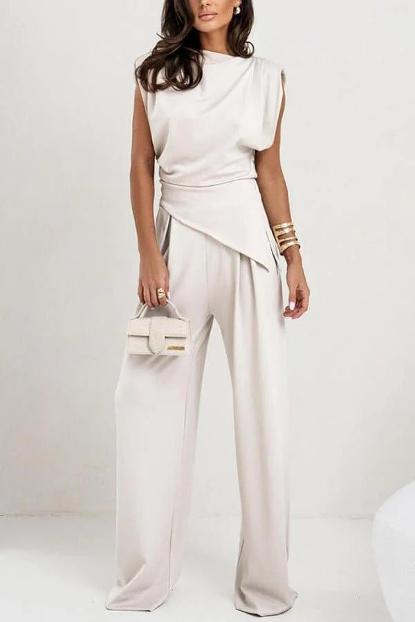 Women's Draped Two-Piece Set – Wide-Leg Pants & Asymmetric Top