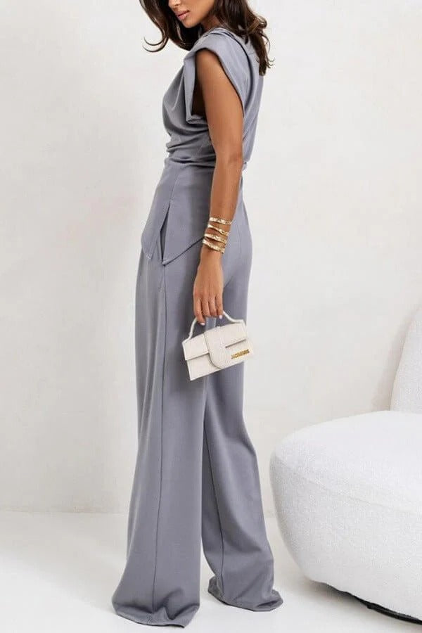 Women's Draped Two-Piece Set – Wide-Leg Pants & Asymmetric Top