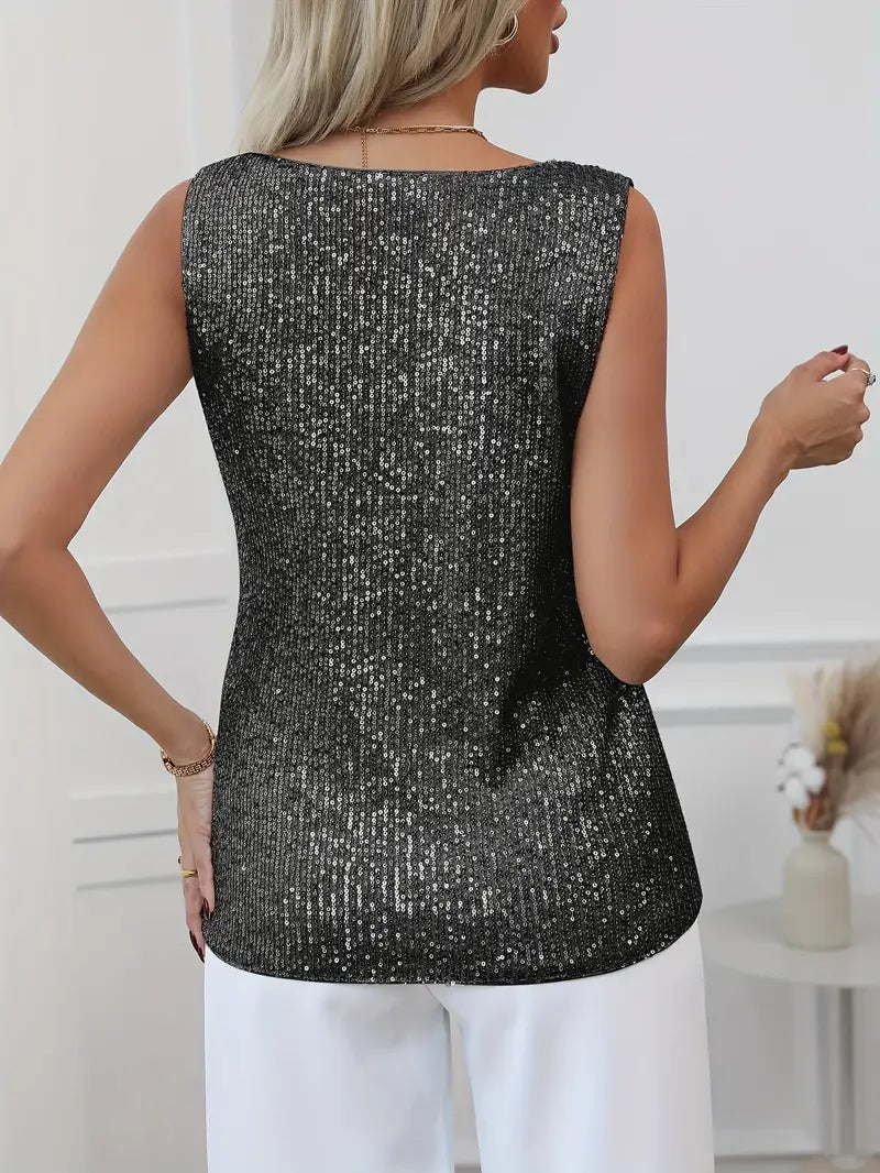 Women's Sequin Top – Sleeveless V-Neck Relaxed Fit