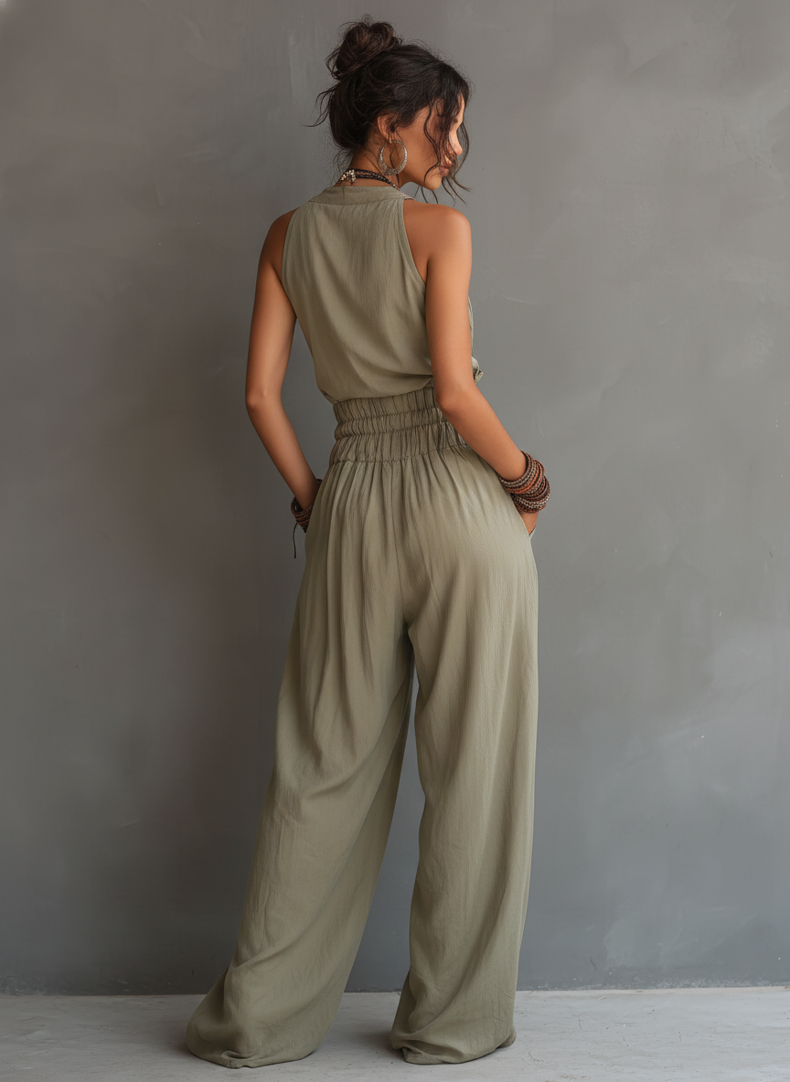 Women's V-Neck Jumpsuit – Adjustable Strap Cinched Waist