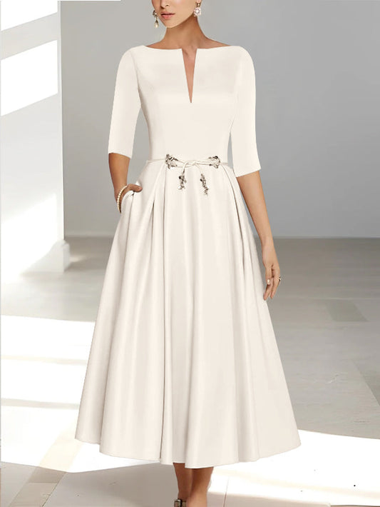 Women's Satin A-Line Dress – V-Neck Half Sleeve