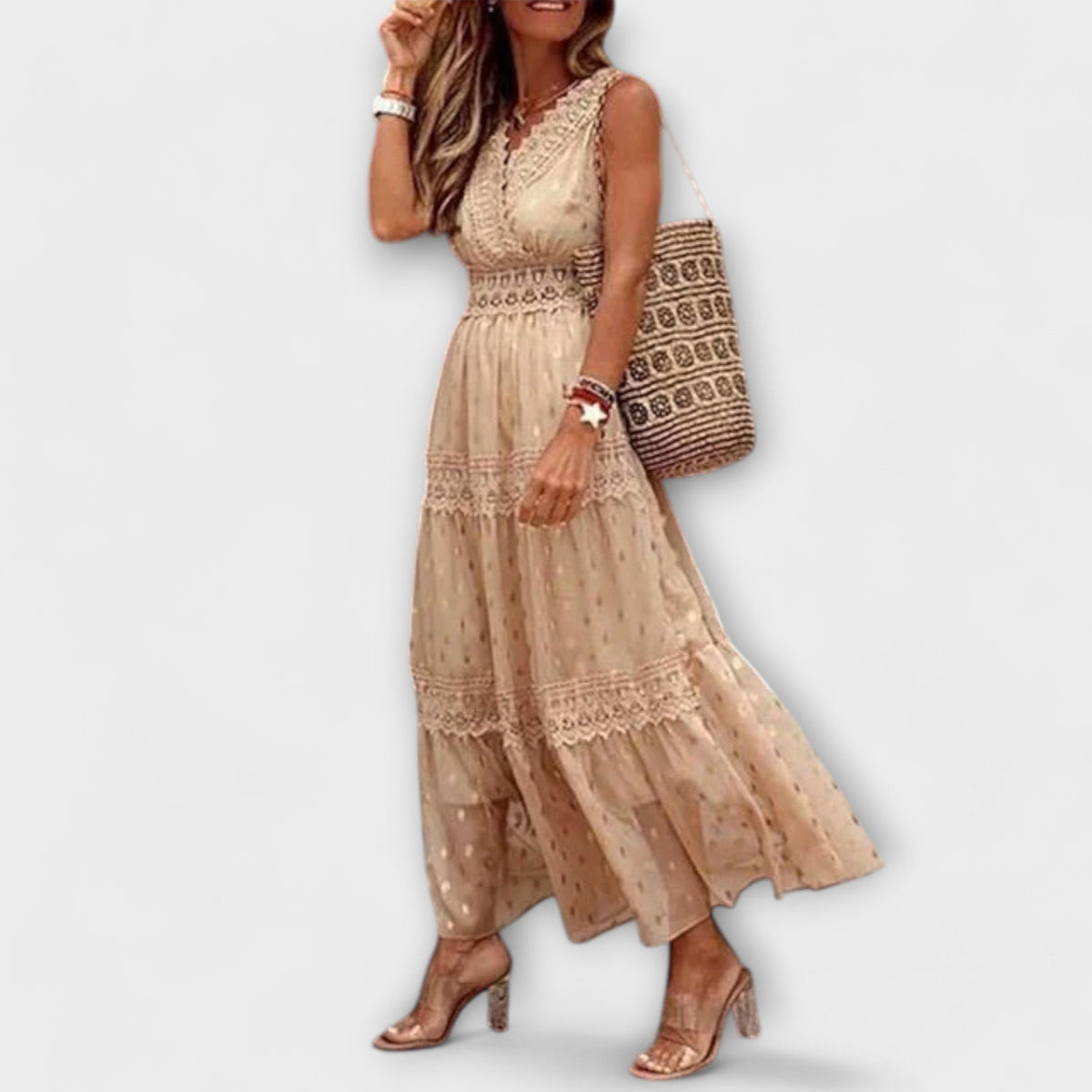 Women's Tiered Maxi Dress – Lace Trim V-Neck