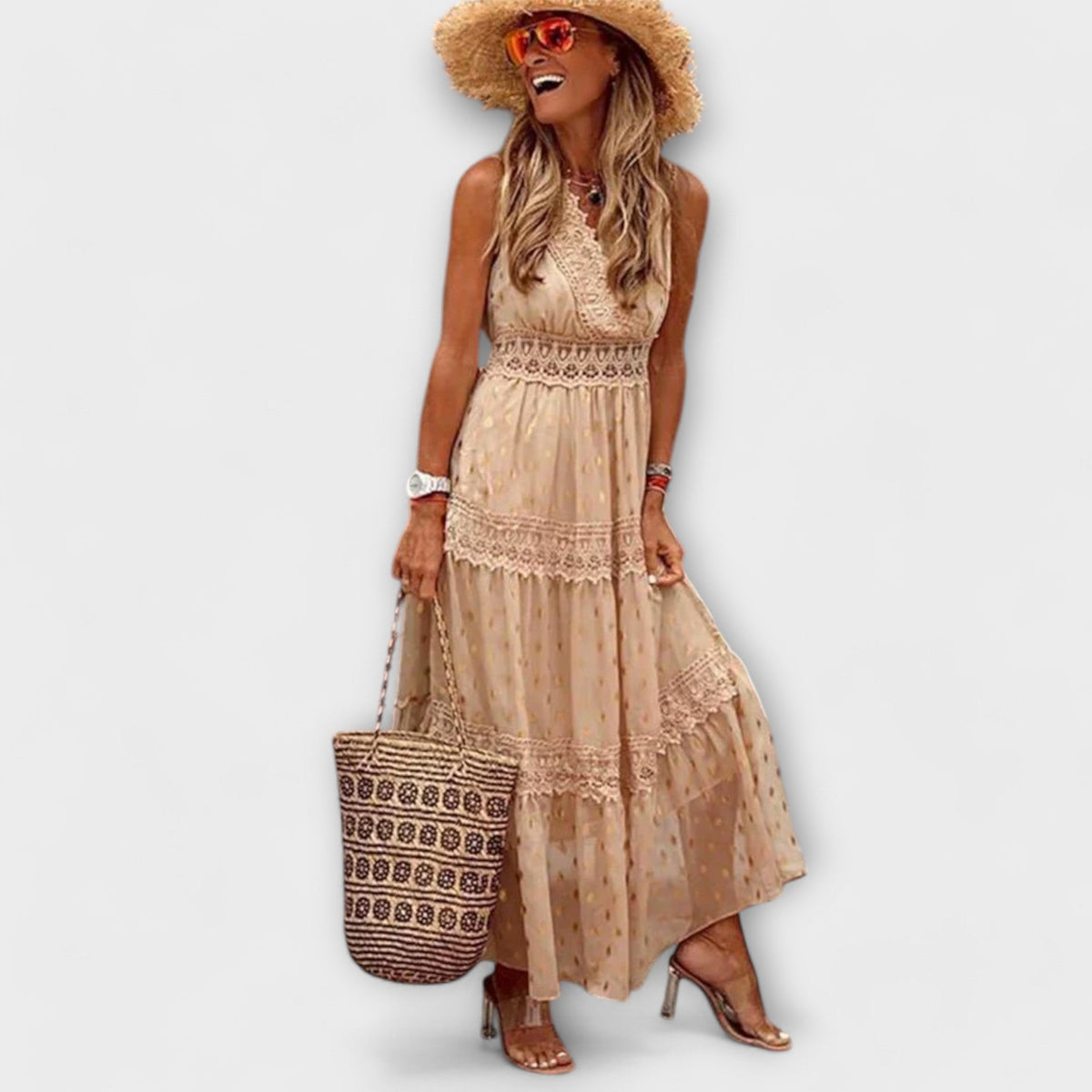 Women's Tiered Maxi Dress – Lace Trim V-Neck