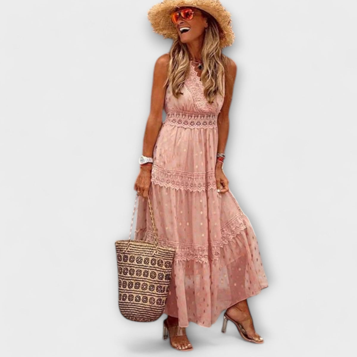 Women's Tiered Maxi Dress – Lace Trim V-Neck