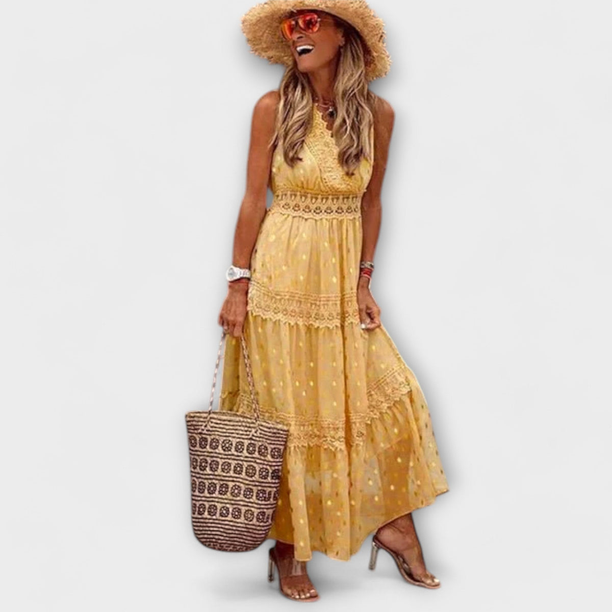 Women's Tiered Maxi Dress – Lace Trim V-Neck