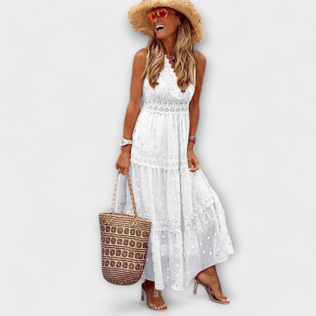 Women's Tiered Maxi Dress – Lace Trim V-Neck