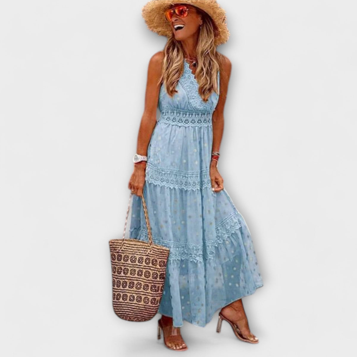 Women's Tiered Maxi Dress – Lace Trim V-Neck