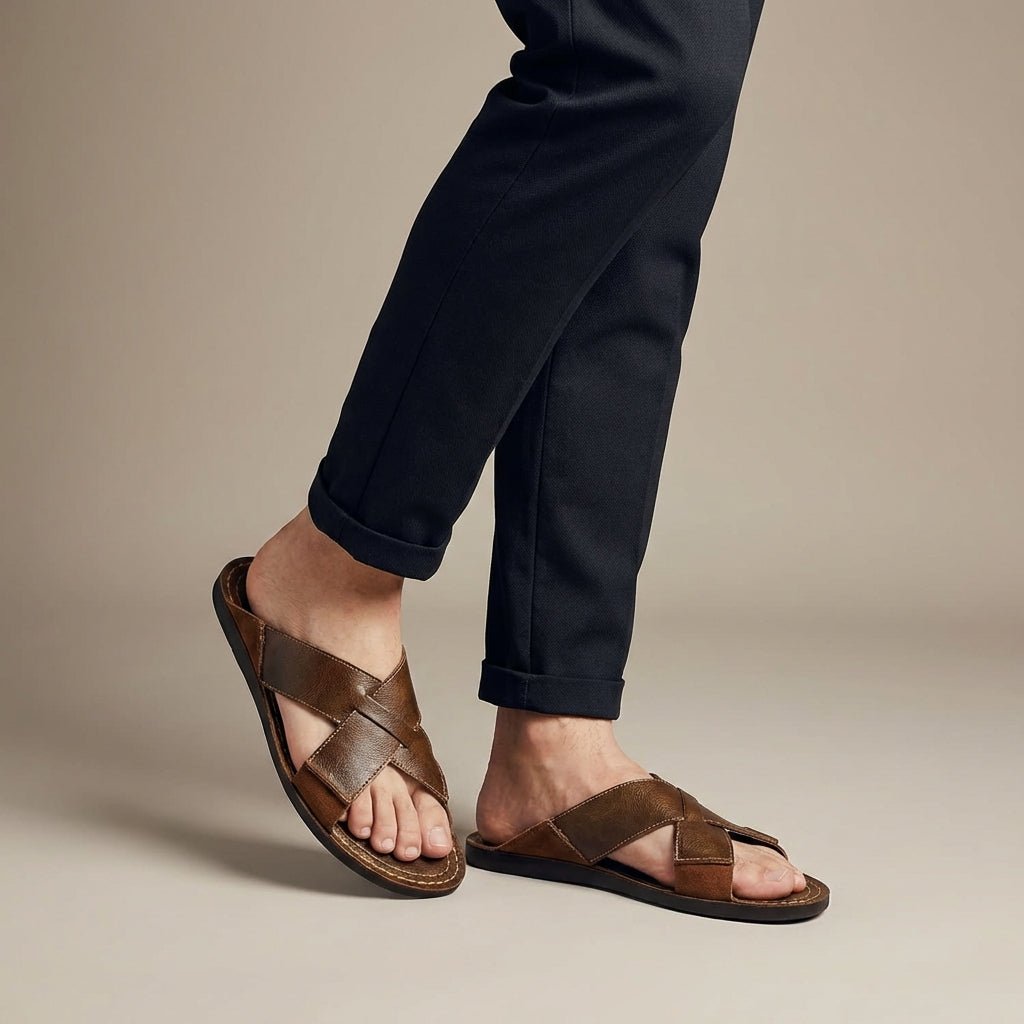 Men's Leather Slide Sandal – Cross-Strap Low Profile