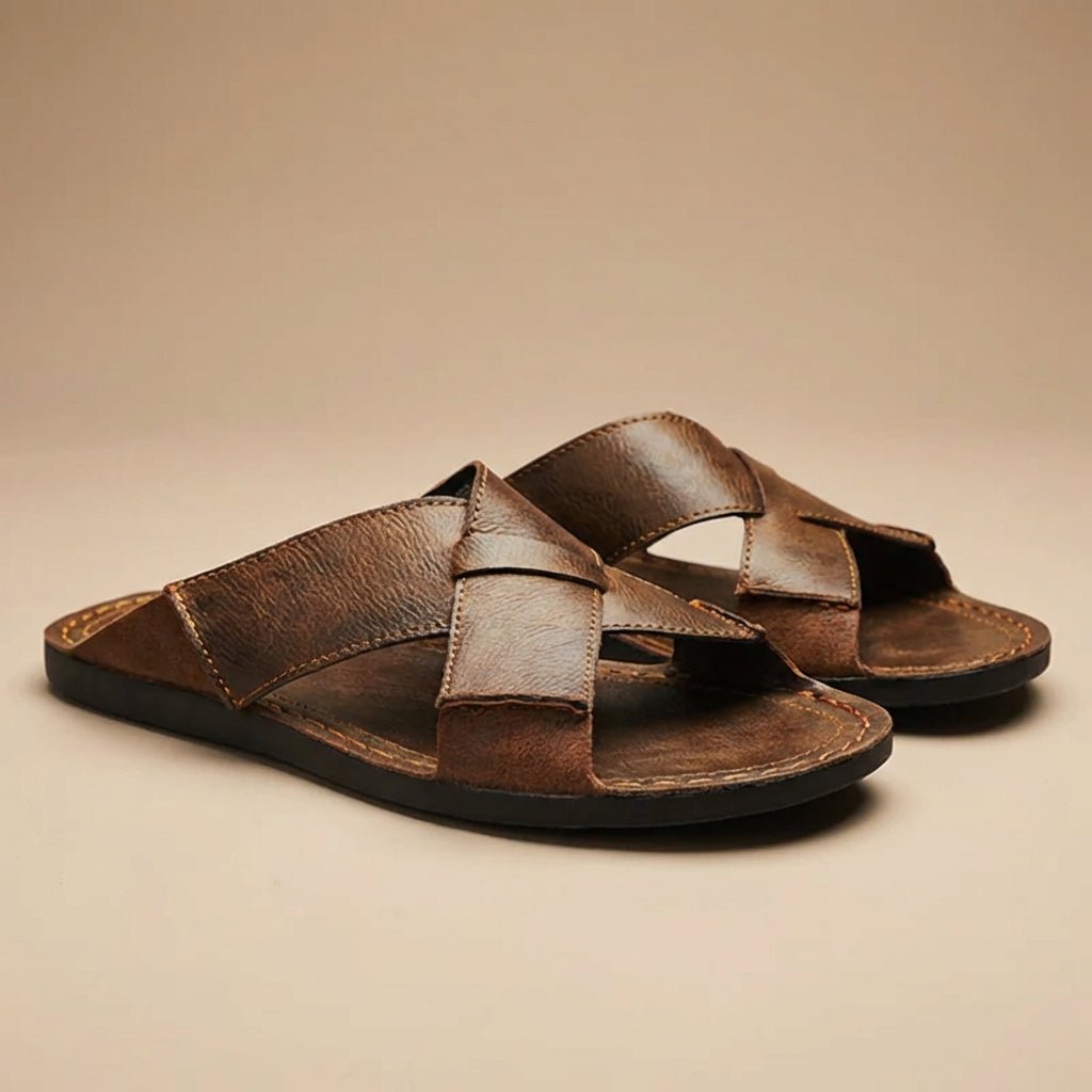 Men's Leather Slide Sandal – Cross-Strap Low Profile