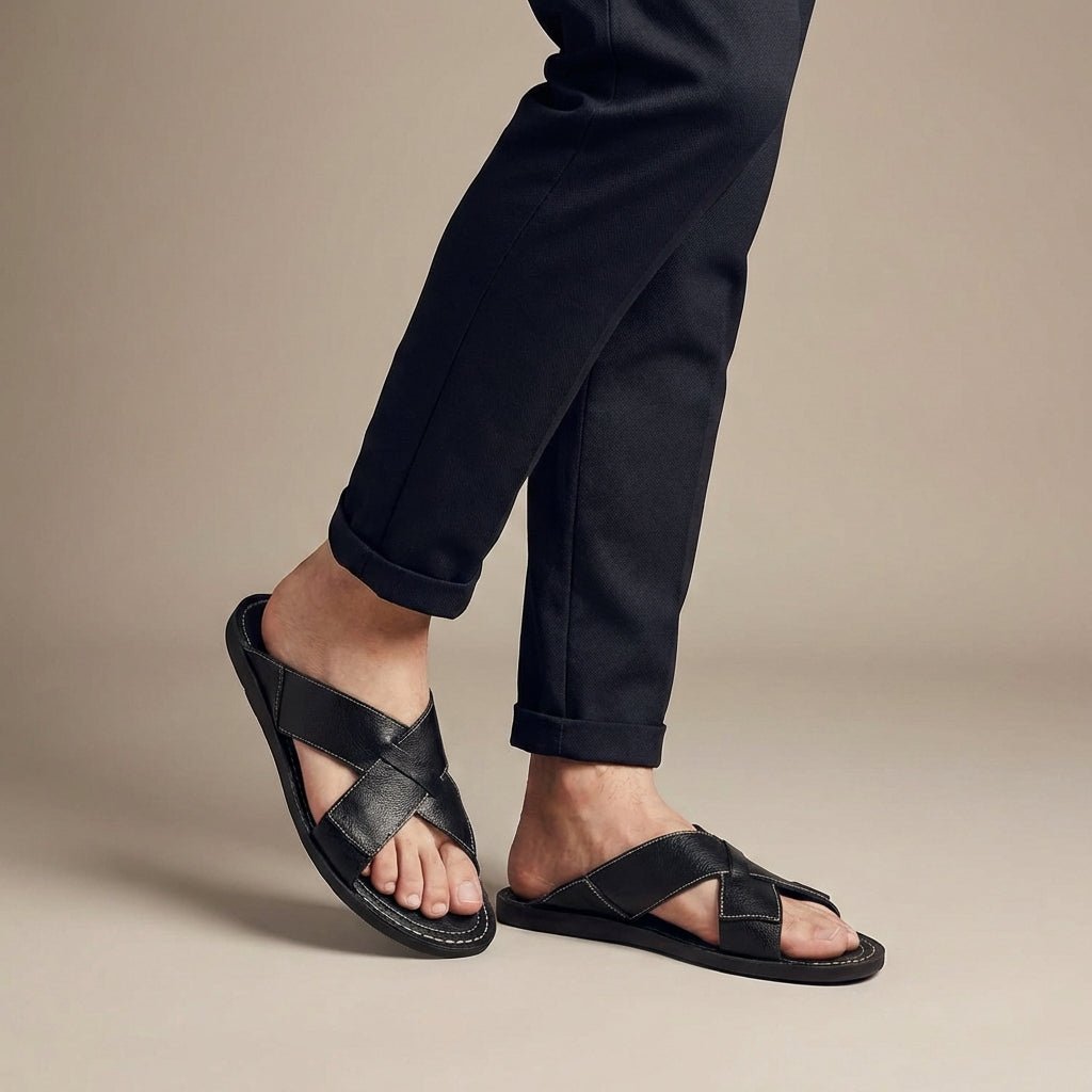 Men's Leather Slide Sandal – Cross-Strap Low Profile