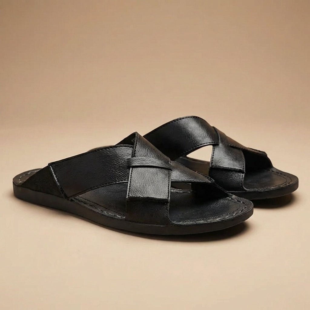 Men's Leather Slide Sandal – Cross-Strap Low Profile