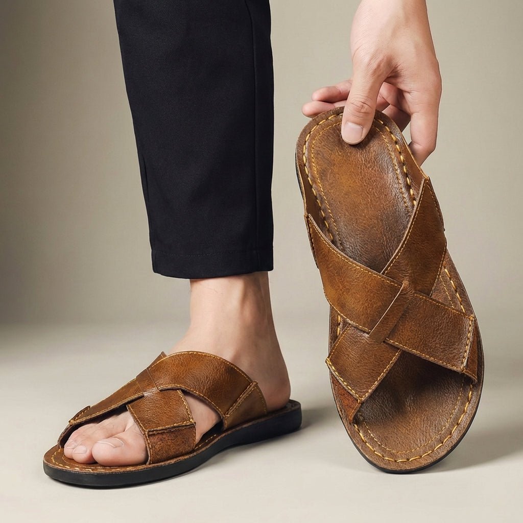 Men's Leather Slide Sandal – Cross-Strap Low Profile