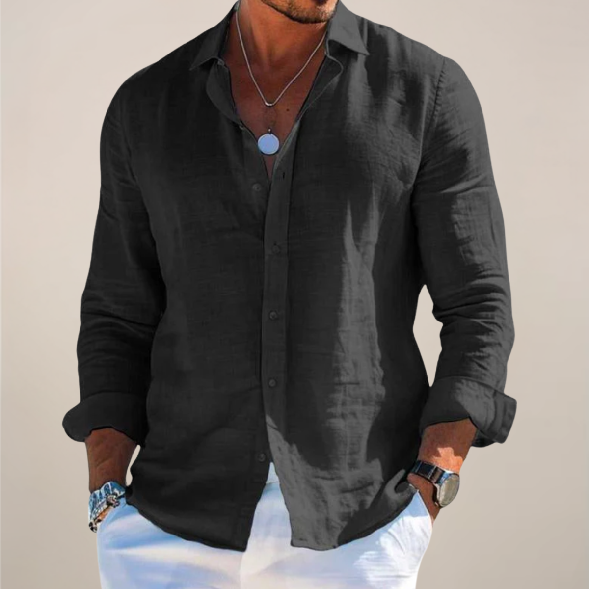 Men's Linen Long Sleeve Shirt – Classic Collar Relaxed Fit