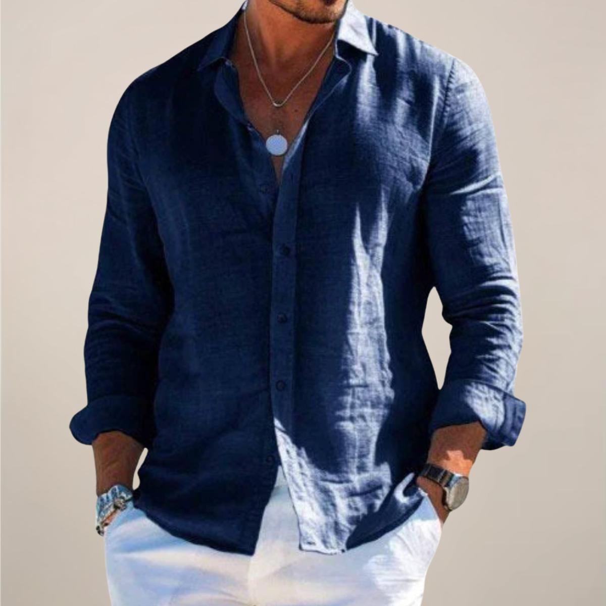 Men's Linen Long Sleeve Shirt – Classic Collar Relaxed Fit