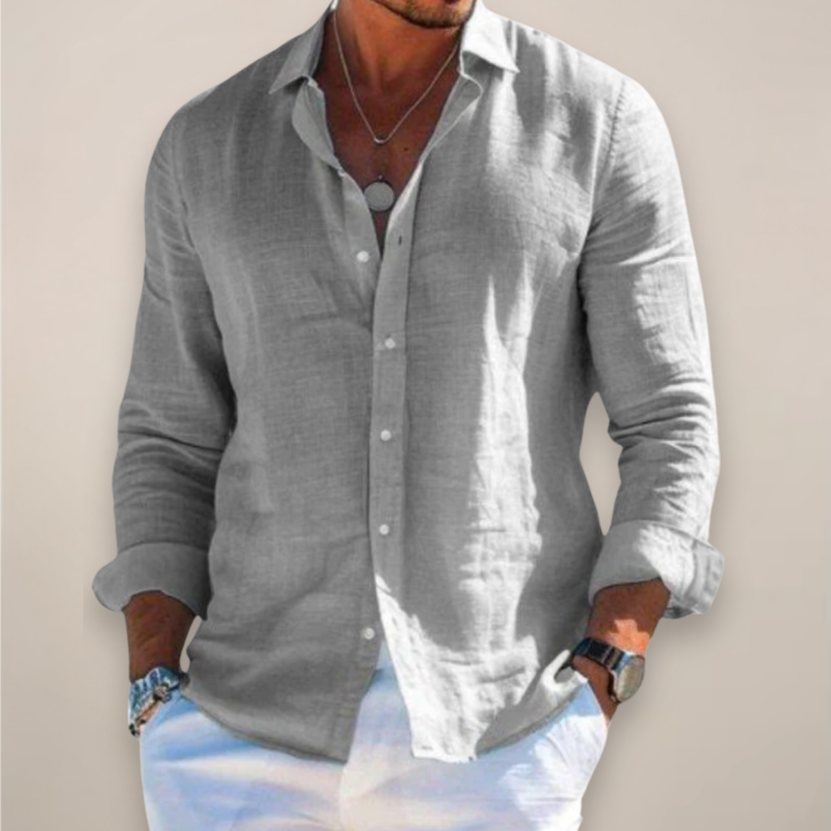 Men's Linen Long Sleeve Shirt – Classic Collar Relaxed Fit