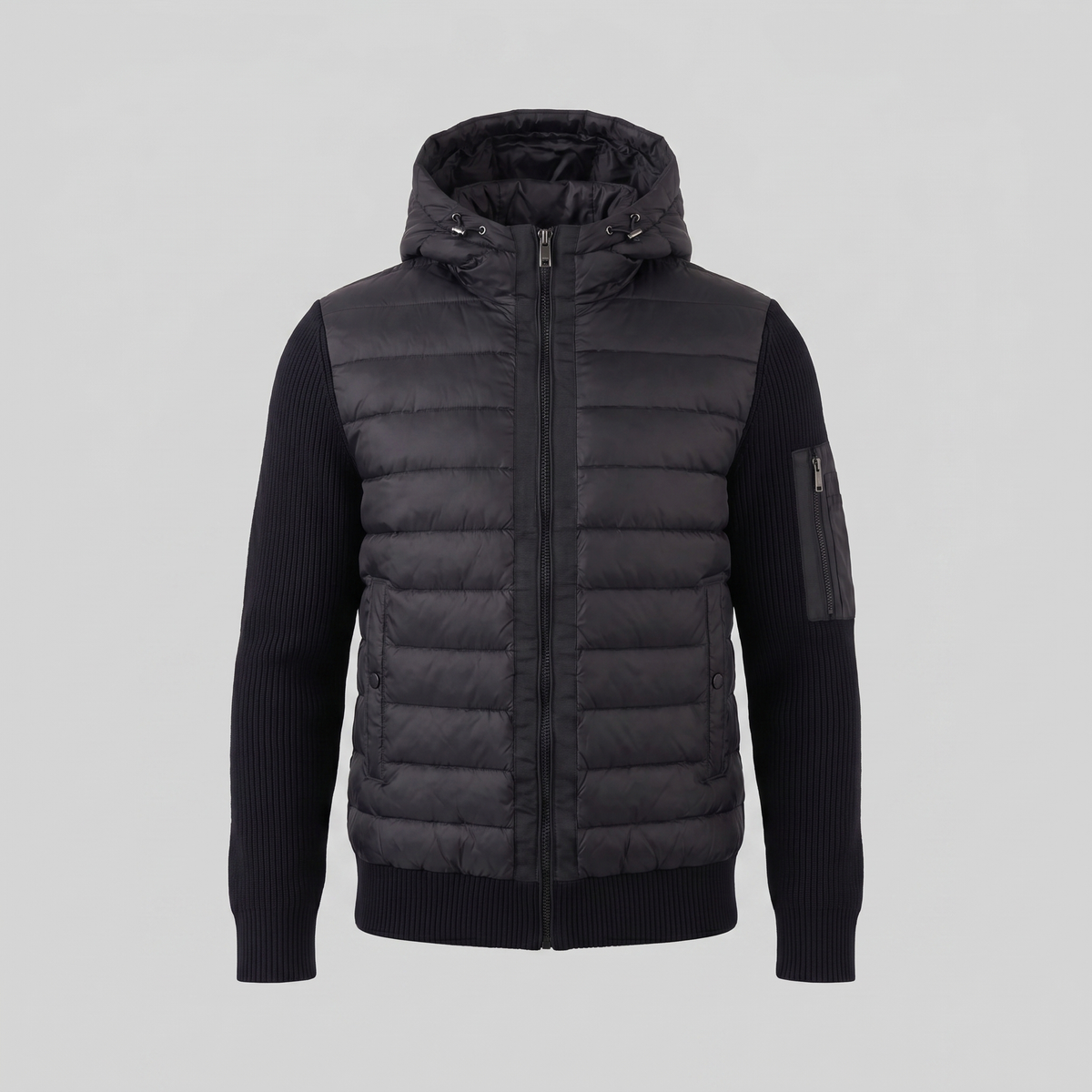 Men's Hybrid Hooded Jacket – Quilted Front, Rib-Knit Sleeves