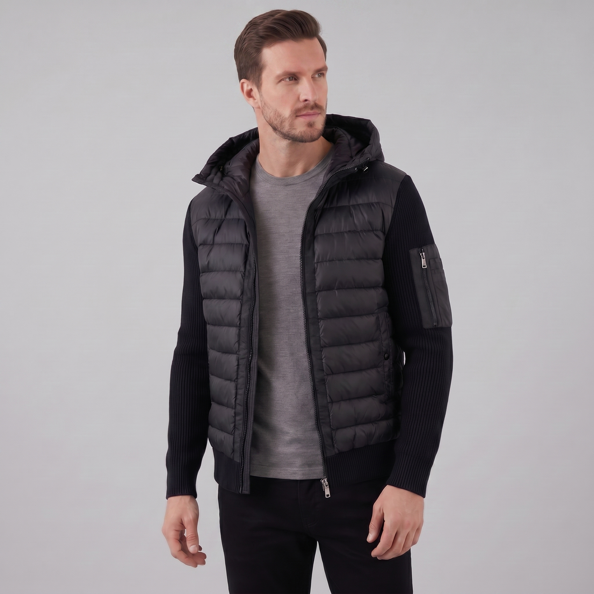 Men's Hybrid Hooded Jacket – Quilted Front, Rib-Knit Sleeves