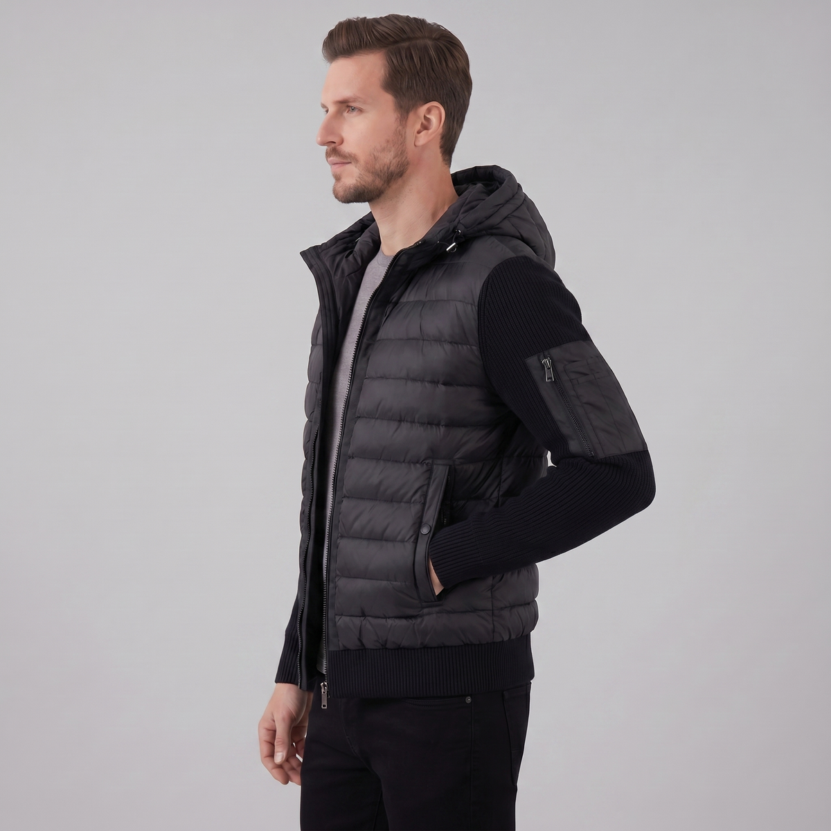 Men's Hybrid Hooded Jacket – Quilted Front, Rib-Knit Sleeves