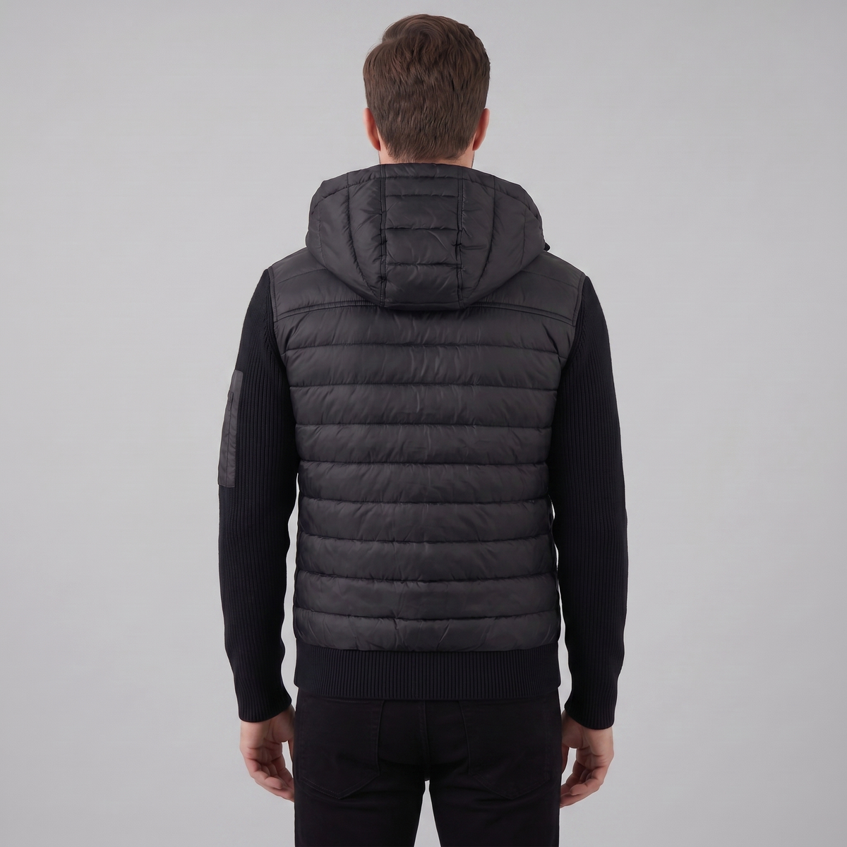 Men's Hybrid Hooded Jacket – Quilted Front, Rib-Knit Sleeves