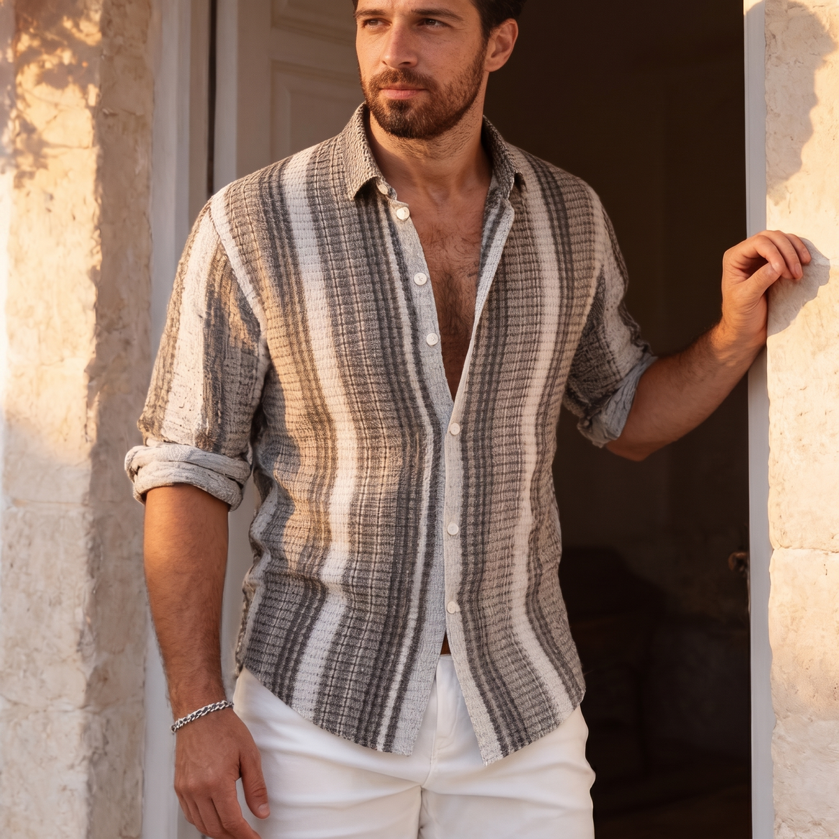 Men's Short-Sleeve Striped Shirt – Textured Weave