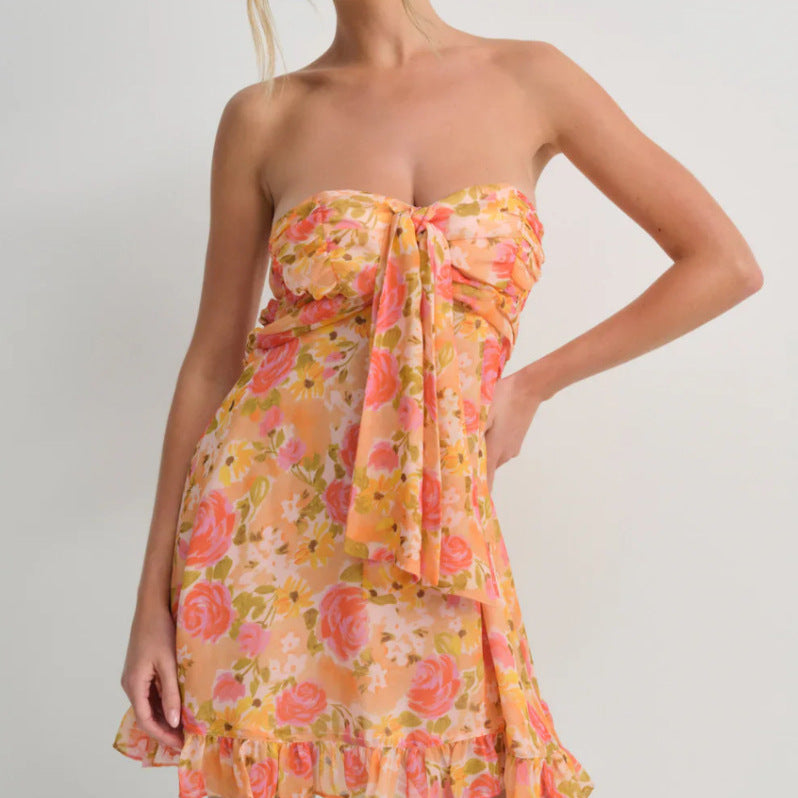 Women's Strapless Mini Dress – Bow Front Flounce Hem