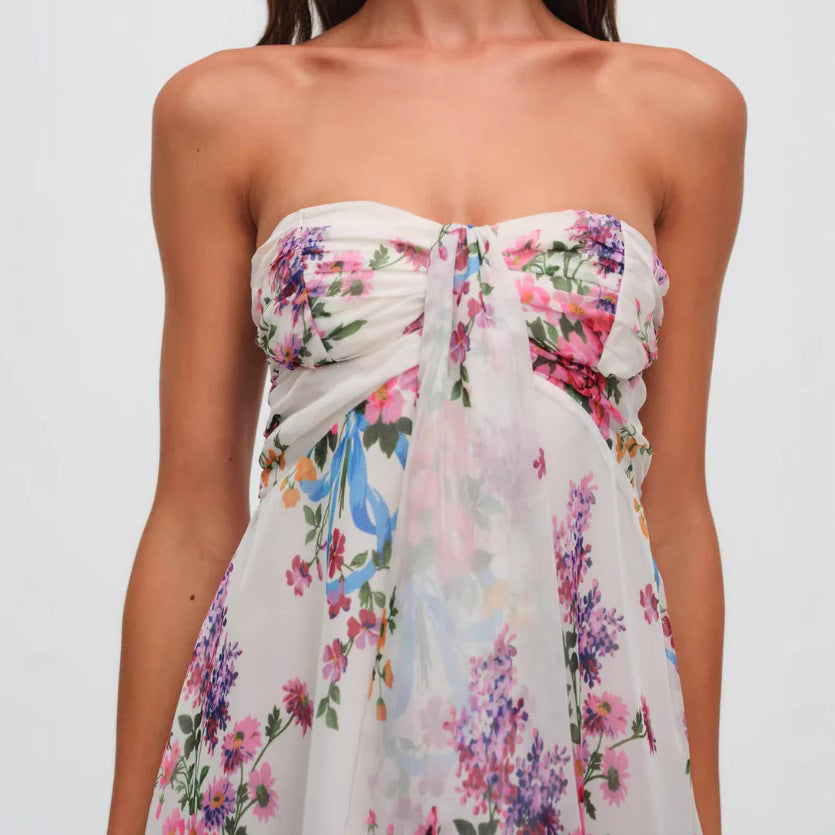 Women's Strapless Mini Dress – Bow Front Flounce Hem