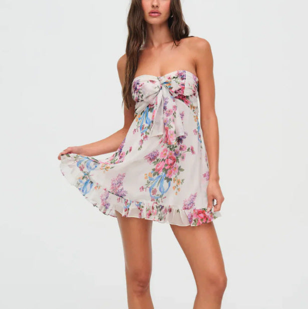 Women's Strapless Mini Dress – Bow Front Flounce Hem