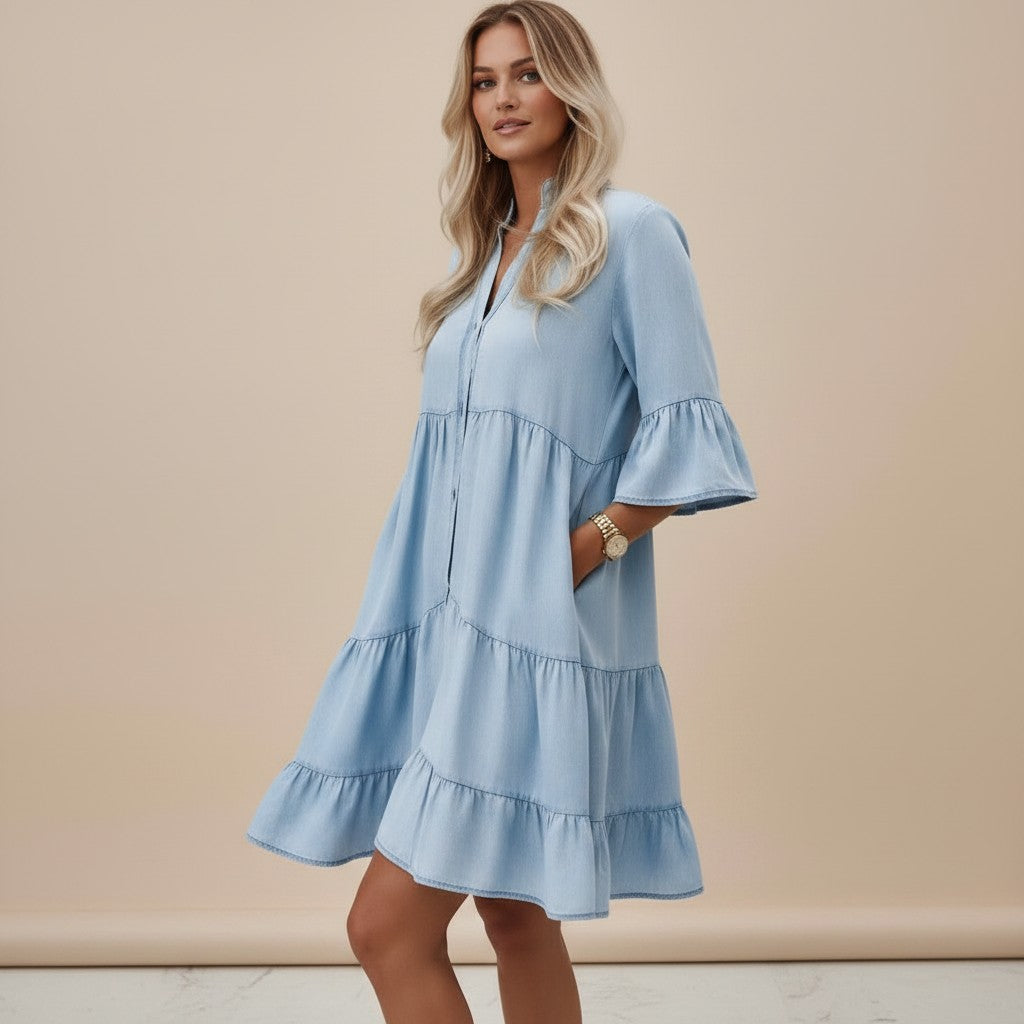 Women's Denim Midi Dress – Half Sleeve Relaxed Fit