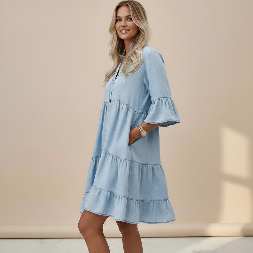 Women's Denim Midi Dress – Half Sleeve Relaxed Fit
