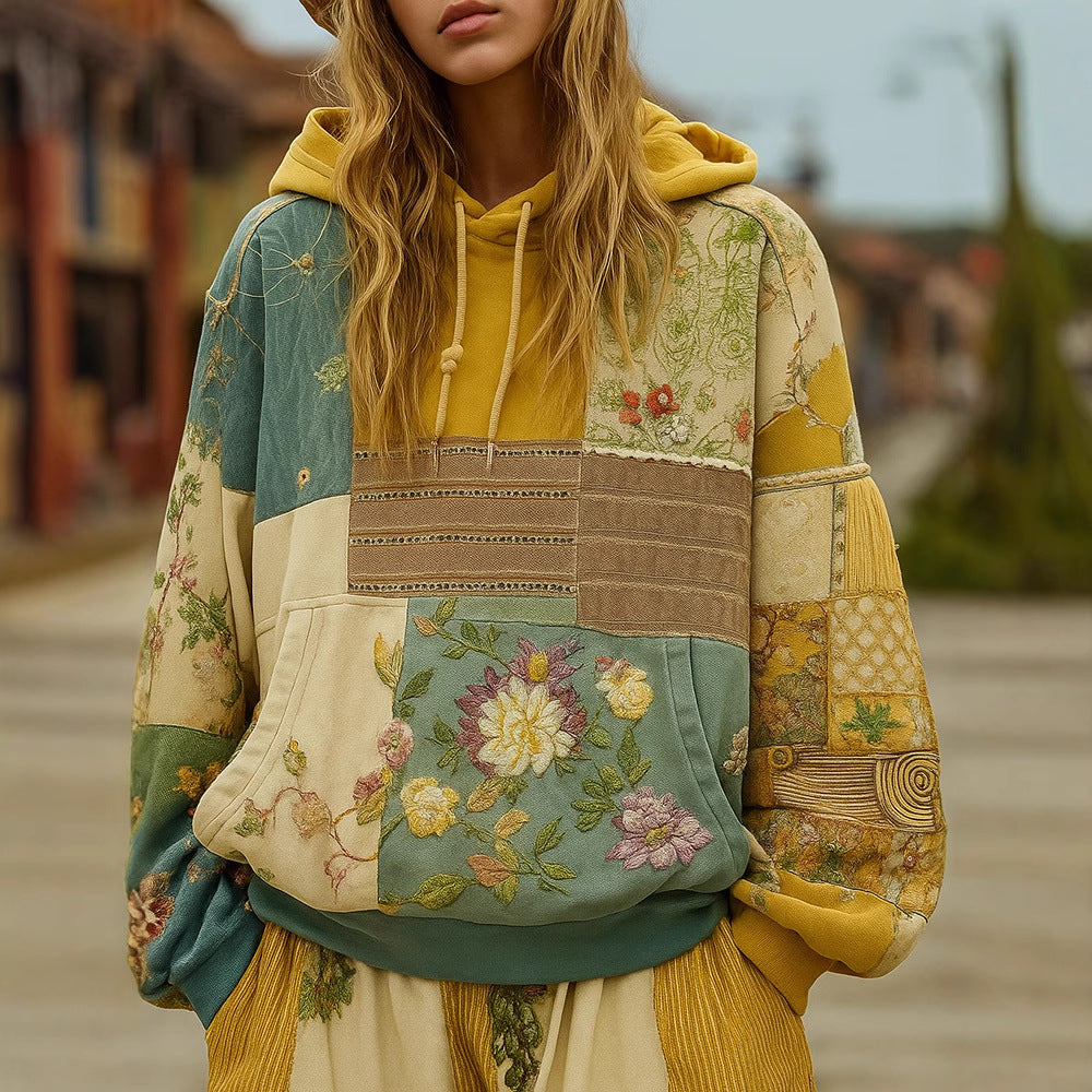 Women's Patchwork Hoodie – Floral Embroidered Appliqué