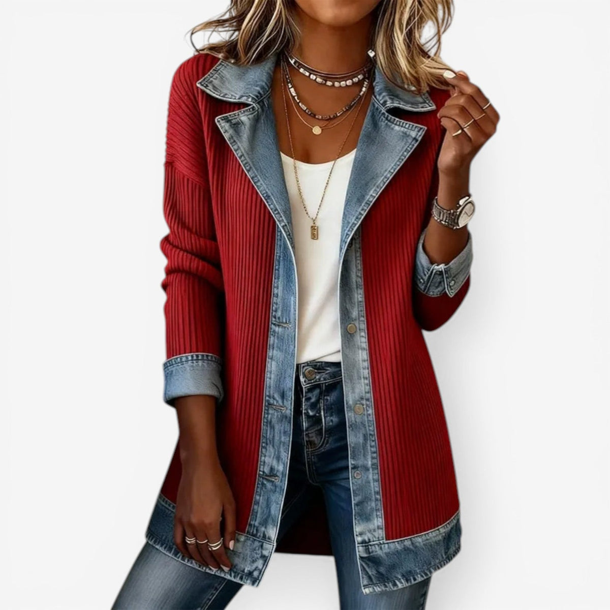 Women's Ribbed Knit Blazer – Denim Trim Longline