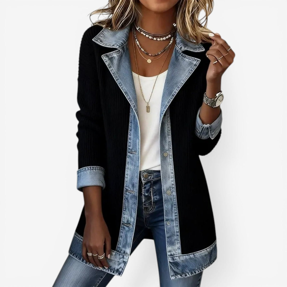 Women's Ribbed Knit Blazer – Denim Trim Longline