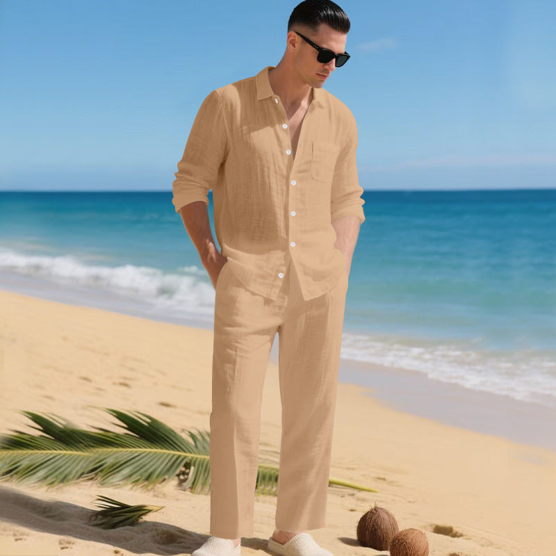 Men's Linen Shirt and Pants Set – Open Collar Relaxed Fit