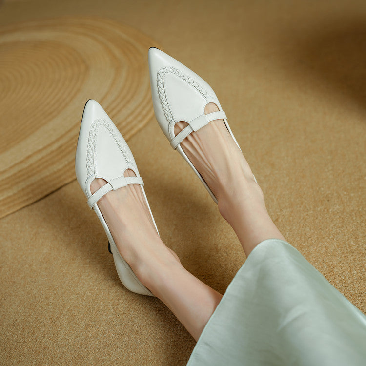 Women's Leather Pointed Toe Pumps – Braided Strap Kitten Heel