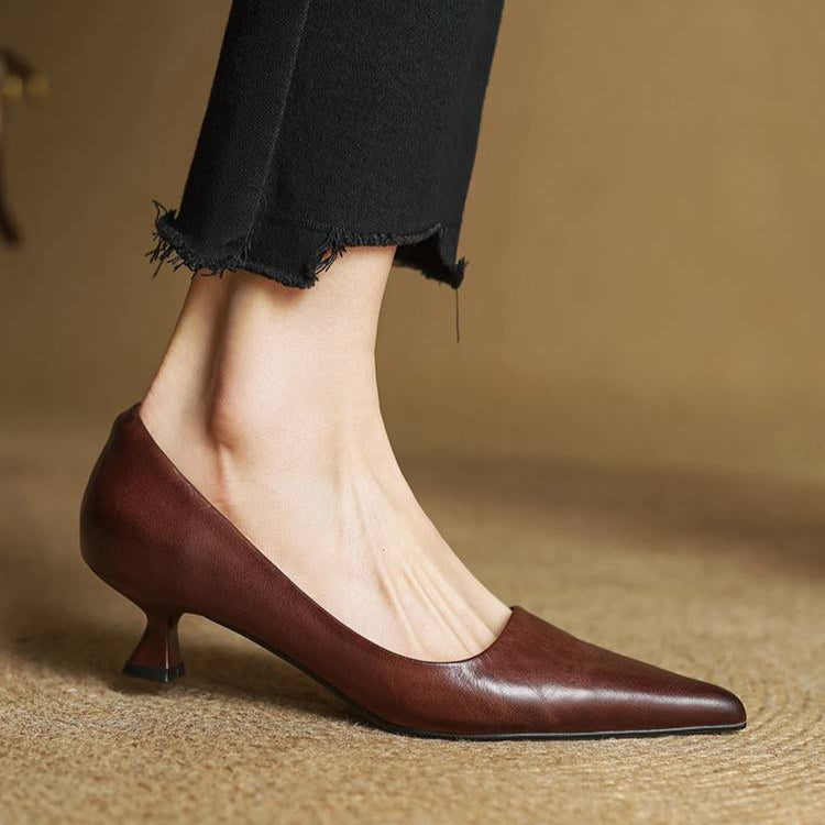 Women's Leather Kitten Heel Pumps – Pointed Toe