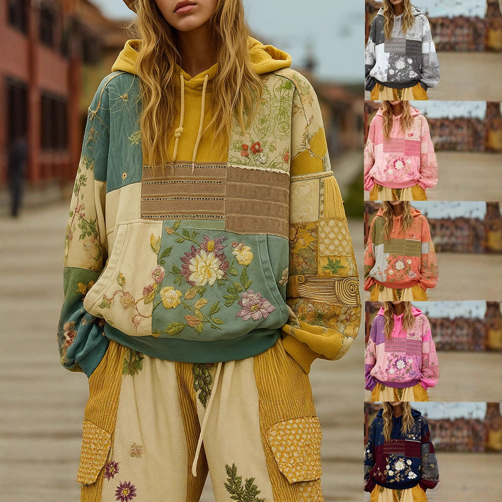 Women's Patchwork Hoodie – Floral Embroidered Appliqué