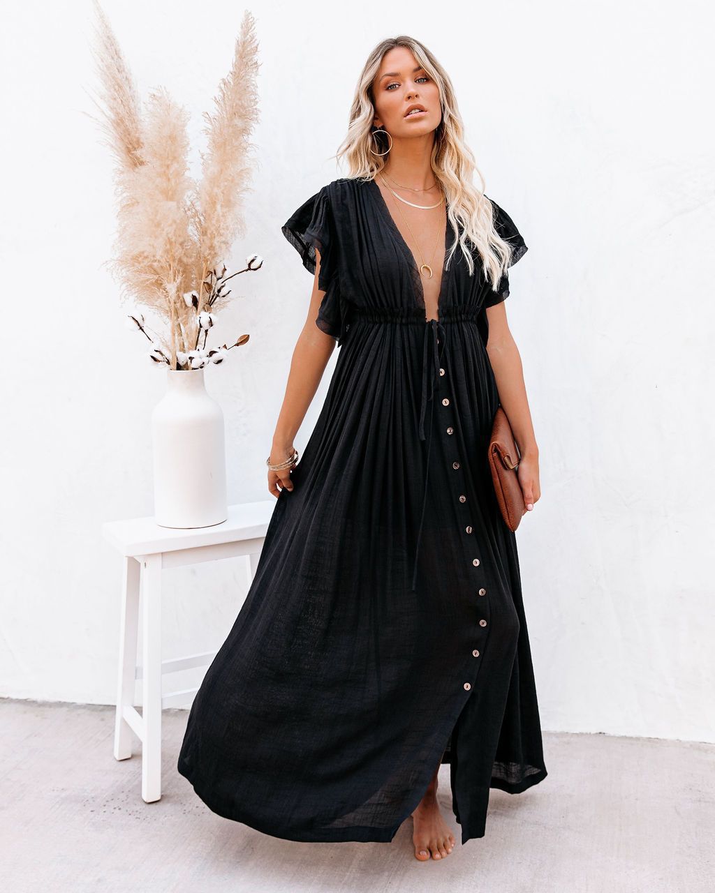 Women's Button-Front Maxi Dress – Drawstring Waist