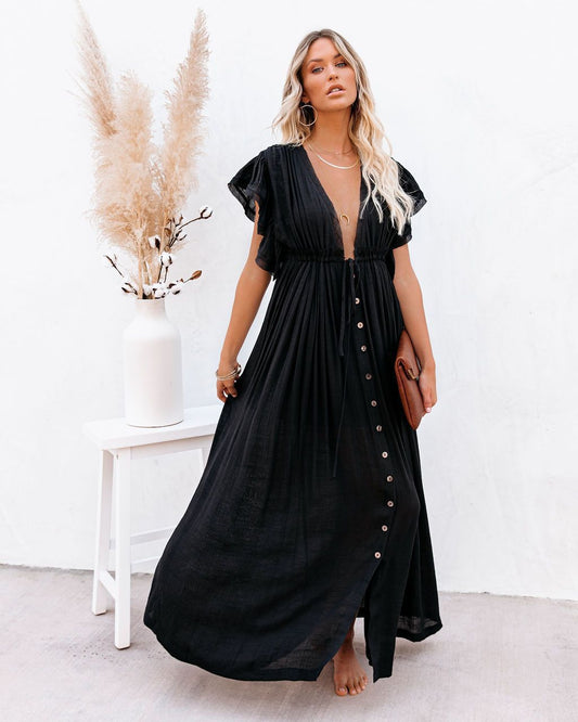 Women's Button-Front Maxi Dress – Drawstring Waist