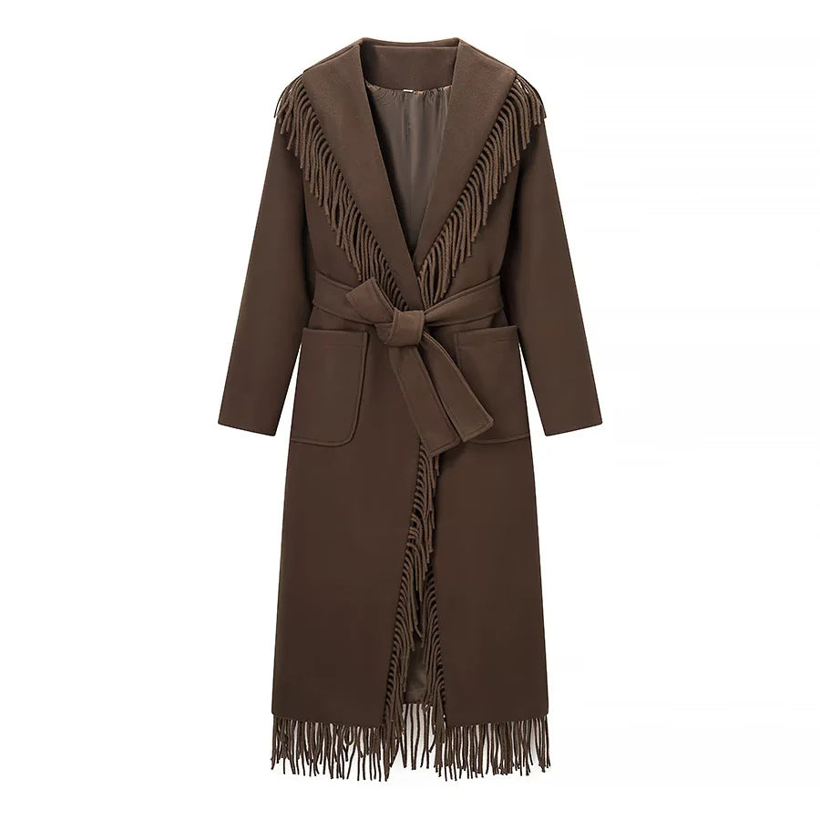 Women's Fringed Coat – Shawl Collar Belted