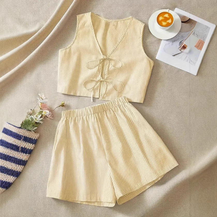 Women's Crop Top and Shorts Set – Tie-Front High-Waist