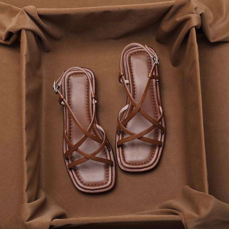 Women's Leather Strap Sandal – Low Stacked Heel