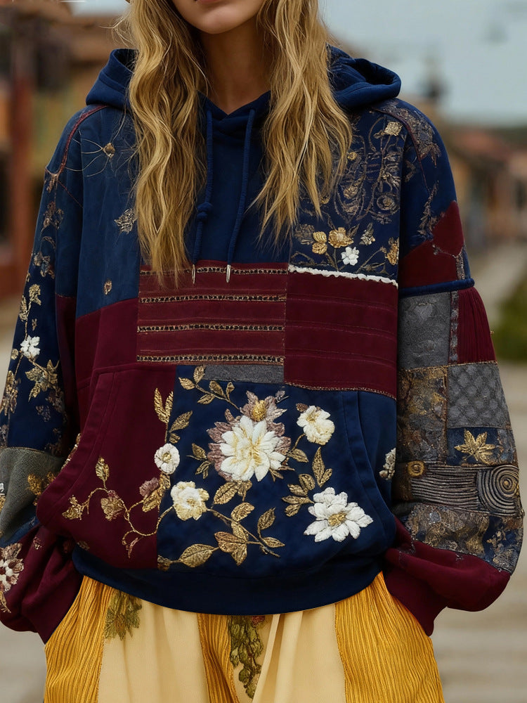 Women's Patchwork Hoodie – Floral Embroidered Appliqué