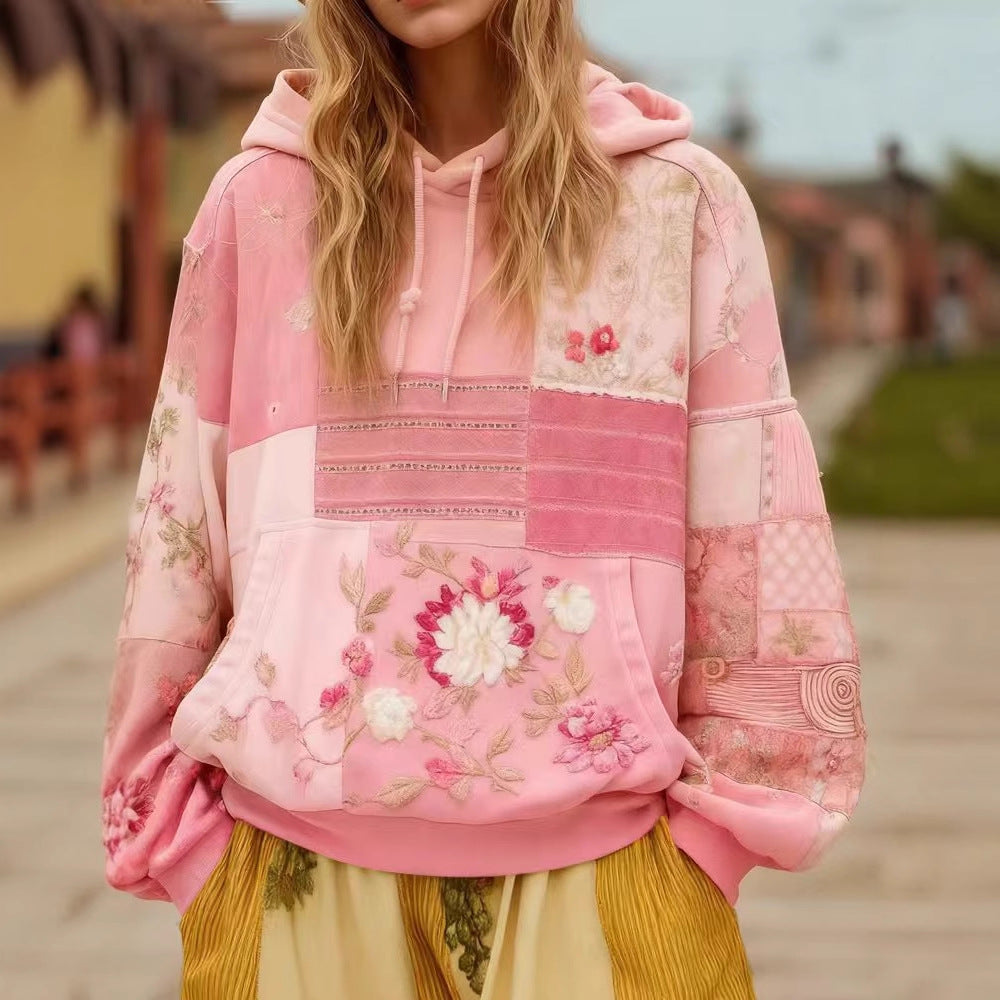 Women's Patchwork Hoodie – Floral Embroidered Appliqué