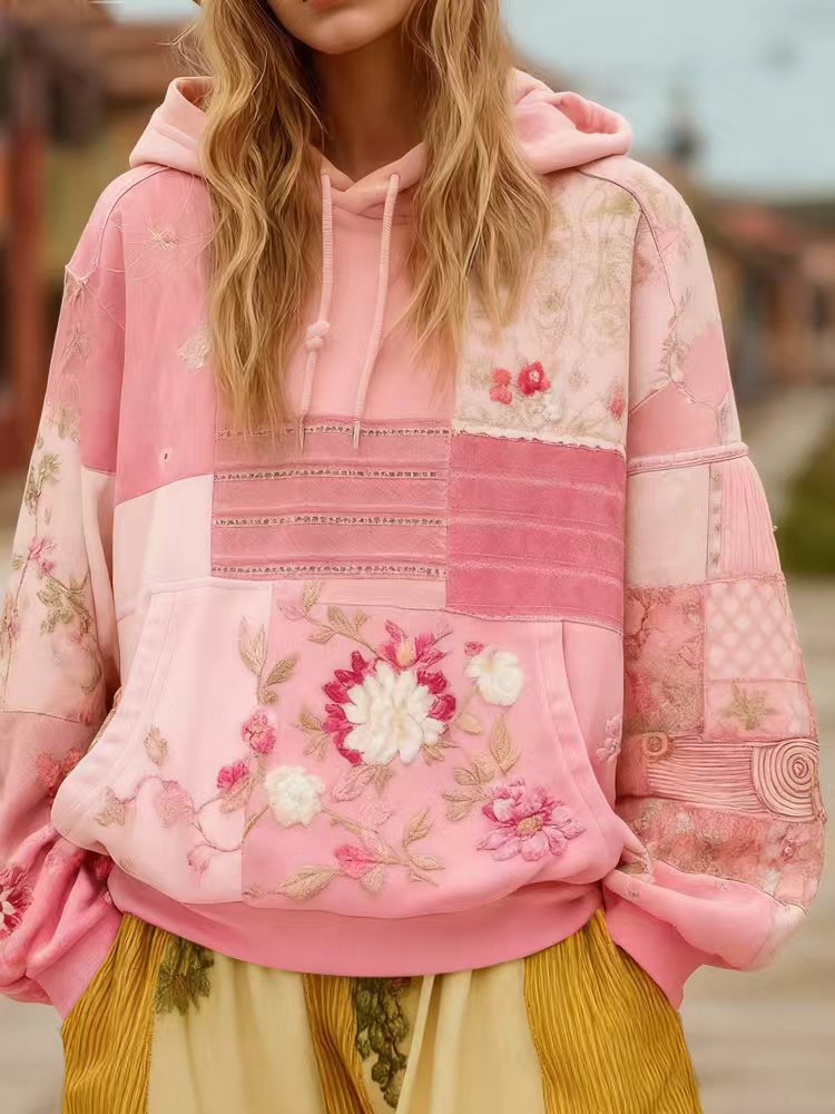 Women's Patchwork Hoodie – Floral Embroidered Appliqué