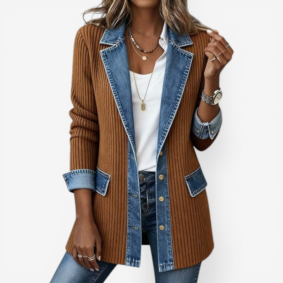 Women's Ribbed Knit Blazer – Denim Trim Longline
